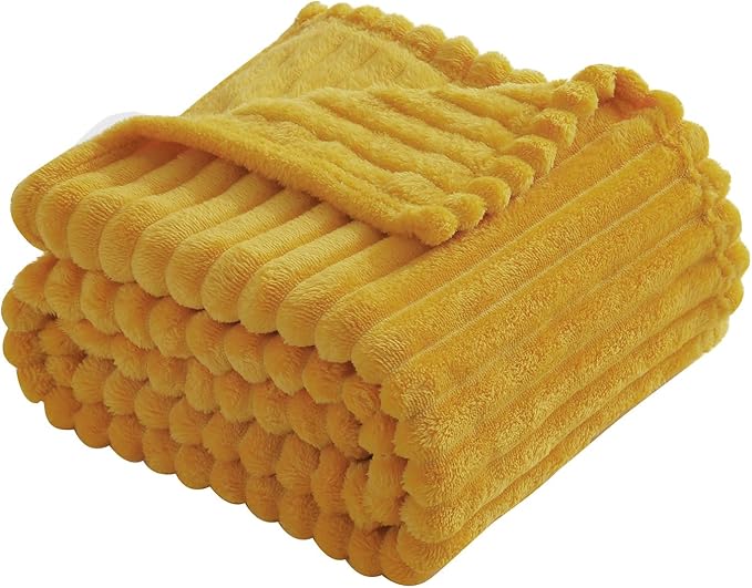 Mustard Yellow Fleece Throw Blanket 60”×80” for Couch Sofa Livingroom | Linecooo Super Soft Cozy Plush Microfiber Flannel Bed Blanket Striped Design Lightweight Home Decor Gifts for Adult Mom Women