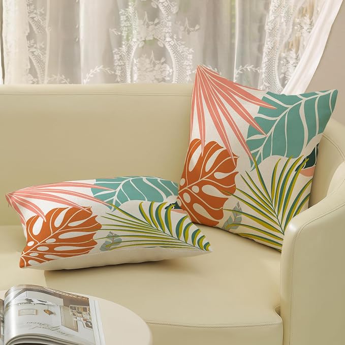 Summer Tropical Pillow Covers 18x18 Set of 2, Monstera Palm Leaf Pillowcase Green Orange Botanical Coral Summer Throw Pillows Outdoor Decor Farmhouse Cushion Case Linen Decorative for Home