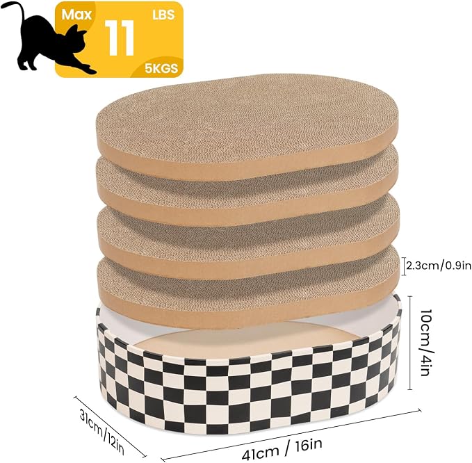 Conlun Oval Cat Scratcher Box with 4 Scratching Pads | Medium | Corrugated Cardboard | Reversible Design | Protects Furniture | Enclosed Bottom | Mess-Free Lounge Bed for Indoor Cats