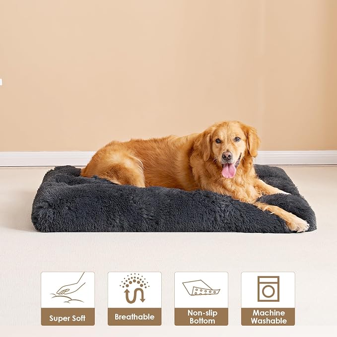 EHEYCIGA Fluffy Dog Crate Bed, Plush Extra Large Plus Dog Pillow, Dark Grey | Xlarge Calming Anti Anxiety Plush Faux Fur Mat for Large size dogs, Washable Soft Warm Plus Dog Pad with Non-Slip Bottom