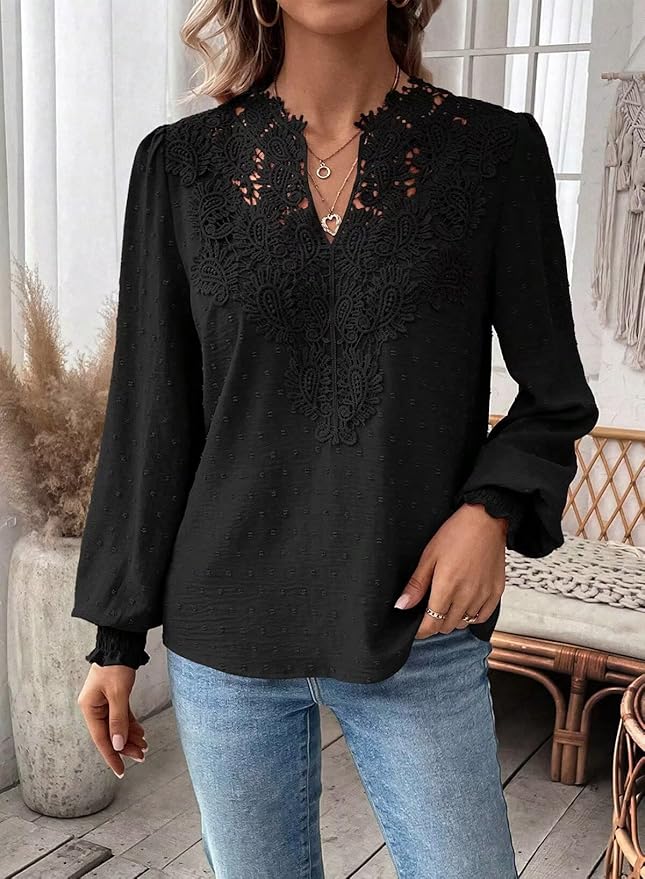 Womens Tops Swiss Dot Boho Long Sleeve Shirts V Neck Casual Chiffon Blouses Flowy Lace Hem Cute Clothing Trendy 2026