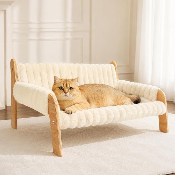 Elevated Cat Couch for Indoor Cats Wooden Cat Sofa for Kitty Puppy | Ultra-Soft Plush Raised Cat Bed,Removable Washable Cat Chair Hammock,Breathable Cat Furniture for Bedside Balcony Living Room