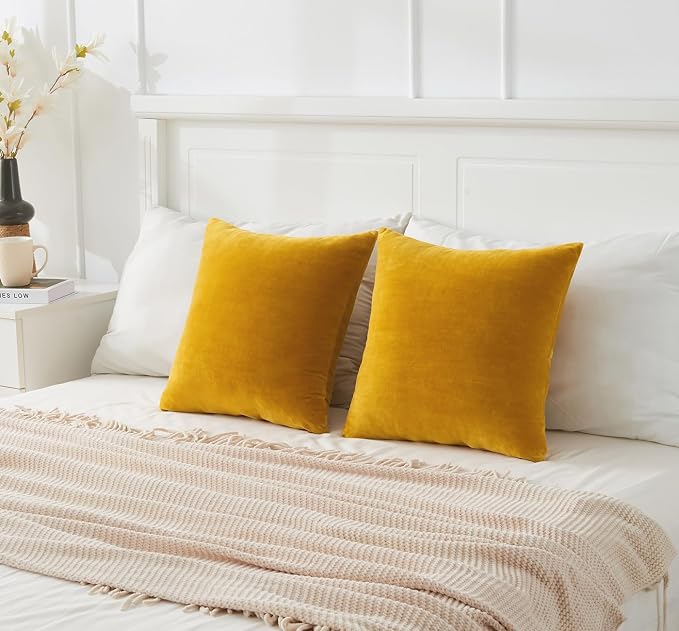 Throw Pillow Covers Mustard Yellow Set of 2 20x20 Inch Fall Pillow Covers, Soft Velvet Farmhouse Neutral Decorative Pillowcases for Couch Sofa Bed, Home Boho Decor, Modern Cushion Covers