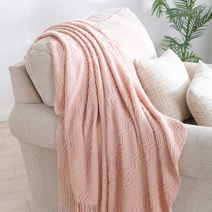 BOURINA Pink Throw Blanket 60x80 Inch Boho Knitted Soft Throw Sofa Blanket | Knitted Throw Blanket 60x80 Inches, Soft Lightweight Boho Weave Throw Decorative Couch Blanket for Living Room Bedroom Chair