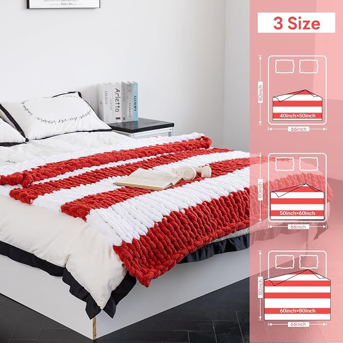 Chunky Knit Blanket - Luxury Soft Cozy 50 * 60 Throw Blanket,100% Woven Blanket Rope Knot Throw Blanket for Couch, Sofa, Home Decor, Gift - Machine Washable (White/Wine red, 50 * 60)