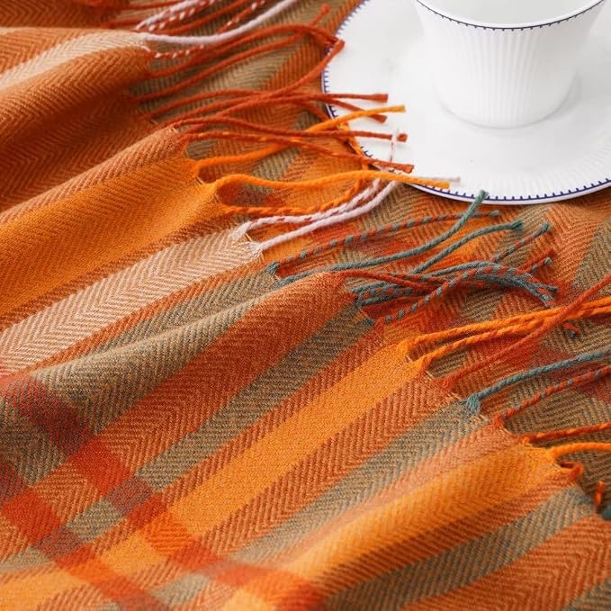 Orange Plaid Throw Blanket for Couch, Fall Throw Blanket 50"x60" Fall Decor | Lightweight Buffalo Plaid Blanket Throw, Soft Woven Throws with Tassels, Checkered Blanket for Bed, Sofa, Autumn, Home Decor
