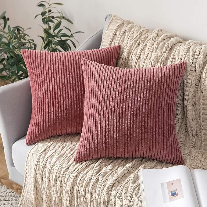 MIULEE Soft Corduroy Throw Pillow Covers Set of 2 20x20 Cranberry Red | Decorative Striped Textured Cushion Cases, Boho Energetic Vibe Pillowcases, Home Decor for Couch Chair Sofa Bed Living Room