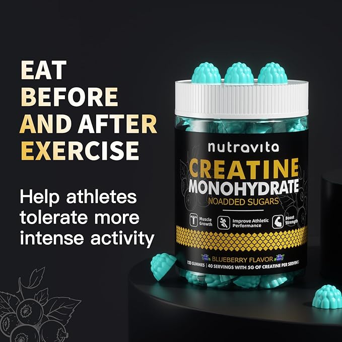 Nutravita Creatine Monohydrate Gummies for Men & Women-5g of Creatine Monohydrate per Serving - Sugar Free,Vegan, Blueberry Flavor, 120 Count