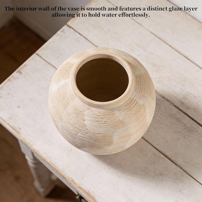 Rustic Ceramic Vintage Farmhouse Vase for Decor (Large Ribbed Whitewash) | 8.8'' Boho Decorative Vase for Home Decor, Round Clay Terracotta Bowl vase for Living Room, Table, Shelf, Centerpieces
