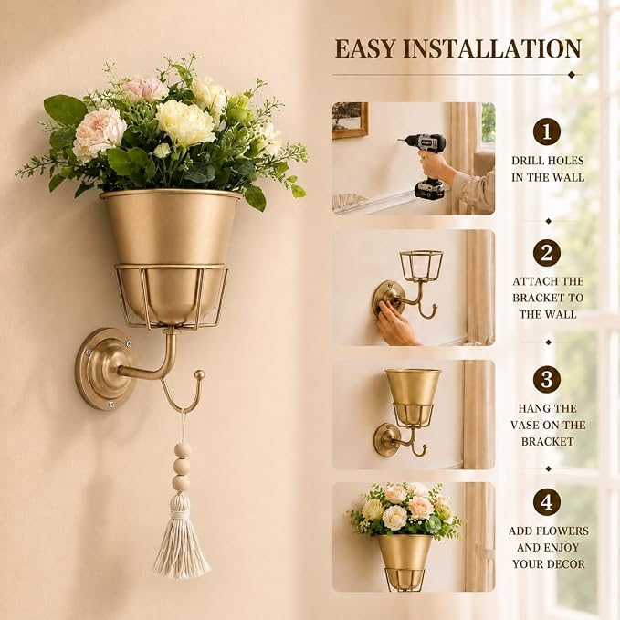 Metal Wall Vase for Flowers with Hook, Gold Wall Mounted Vase | pace-Saving Wall Flower Display with Built-In Hook
