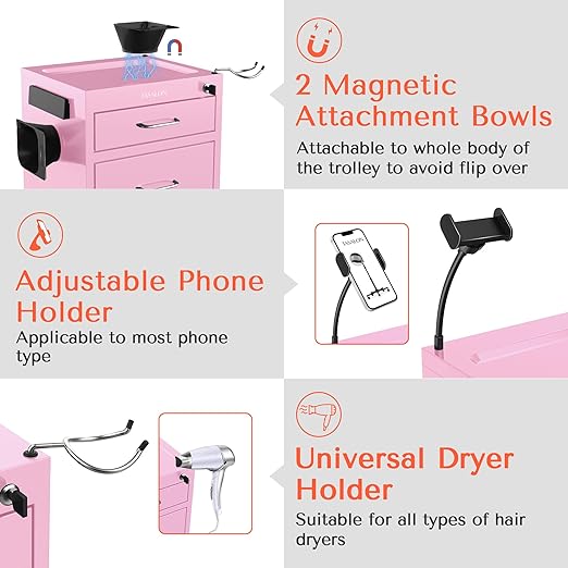 TASALON Salon Rolling Cart with 2 Magnetic Bowls - Space Saving Metal Trolley for Beauty, Tattoo & Hair Stylists, Multipurpose Salon Station Cart (Pink)
