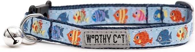 THE WORTHY DOG Characters Pattern, Breakaway Cat Collar, with Bell, Blue