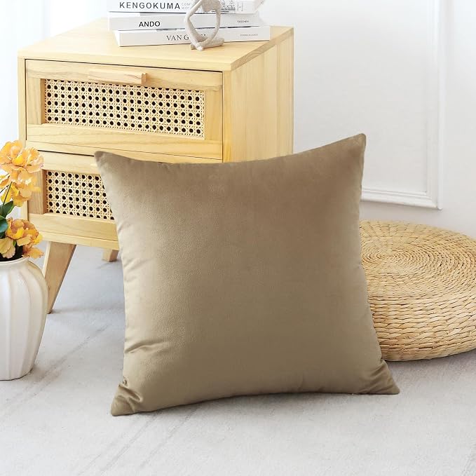 Artscope Luxury Velvet Pillow Covers Decorative Square Pillowcases Soft Solid Cushion Cases for Couch Sofa Bedroom Car Decor 22x22 Inch Golden Brown