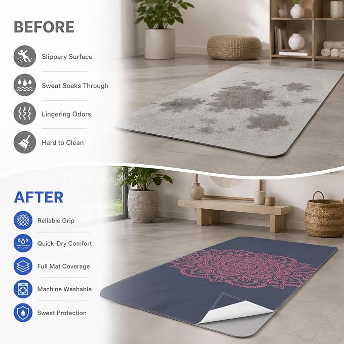 Yoga Mat Towel, Hot Yoga Non Slip with 4 Corner Pockets, 70 x 26 in | Soft Absorbent Microfiber With Four Corner Pockets, Fits Over Yoga Mats For Hot Yoga, Pilates, Gym, And Travel