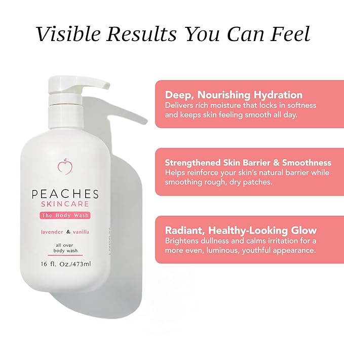 Peaches Skin Care Body Wash with Lavender and Vanilla - Gentle, Sulfate-Free Cleanser for Soft, Smooth-Looking Skin - Daily Body Wash for Men and Women, 16 oz