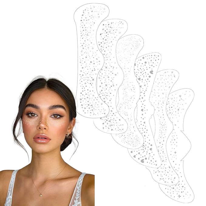 6Pcs Glitter Freckles Face Tattoo - 6.14x1.97 inch Silver Sparkle Freckles for Silver Face Glitters Makeup - Faces Stickers for Women Christmas Glitter Make Up