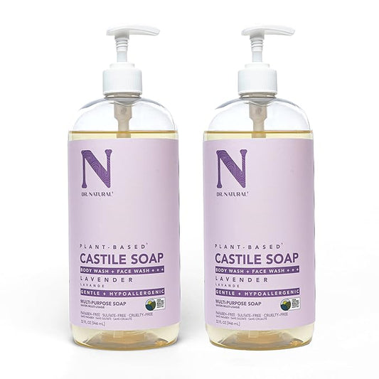 Dr. Natural Castile Liquid Soap, Lavender, 2 pc - Sulfate-Free, Paraben-Free, Cruelty-Free Multi-Purpose Soap with Shea Butter, Coconut Oil, Olive Oil