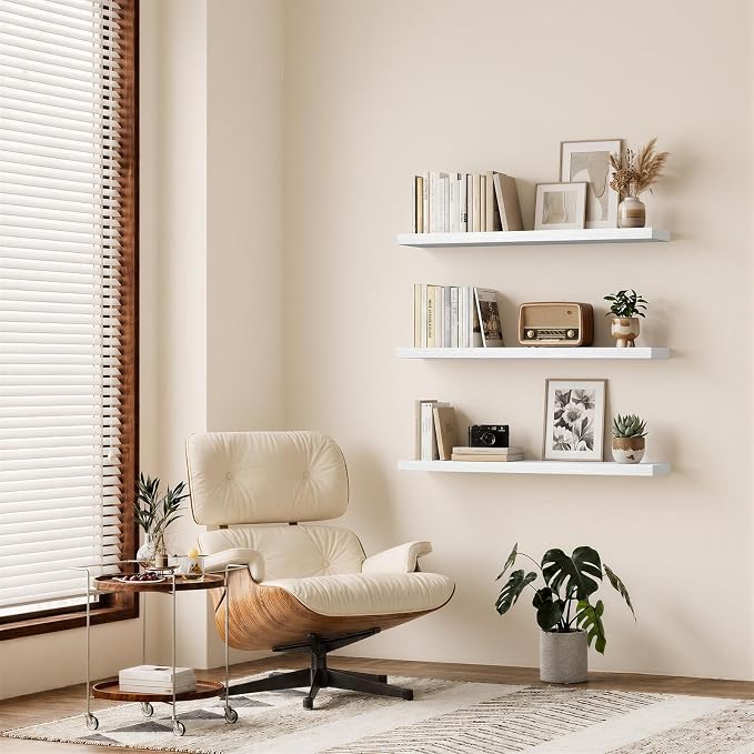 BAYKA White Floating Shelves 47.2in, Set of 2, Wall Mount Rustic Wood Shelf | Easy Install, 30lbs Max Load, Hidden Bracket, for Bathroom Bedroom Kitchen Office Storage Decor, Multi-Wall Compatible
