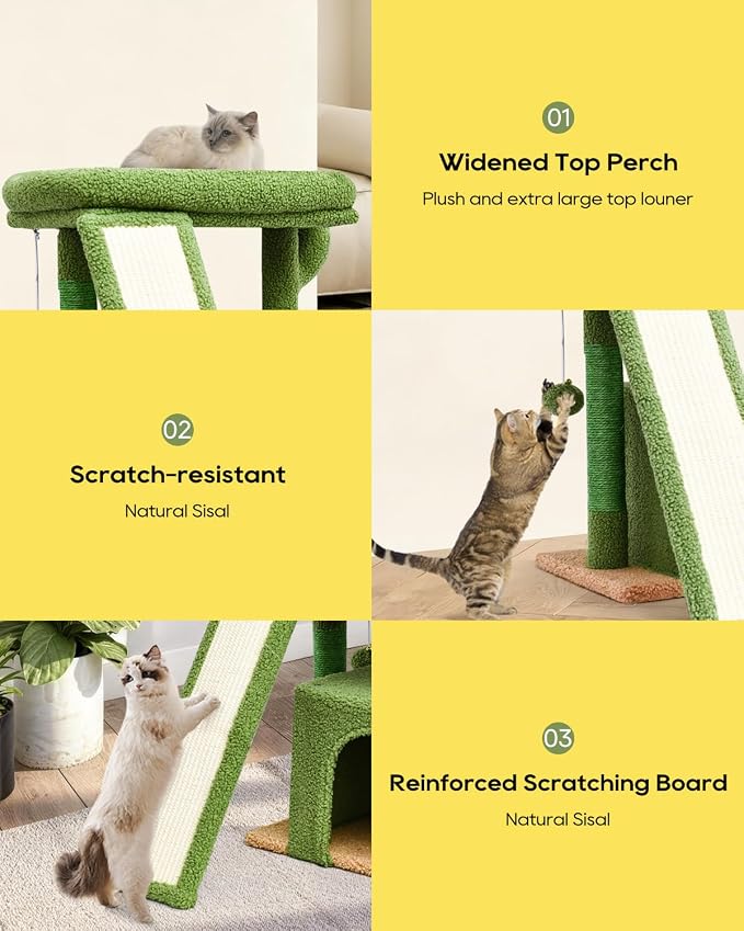 Small Cactus Cat Tree for Indoor Cats, Green Cat Tower with Scratching Post & Board, Unique Cactus Cat House with Perch for Kittens, Stable Condo and Stand (Green)