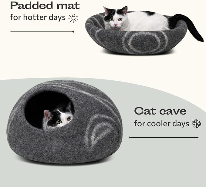 Cat Cave – Premium Felt Cat Bed Enclosure for Indoor Cats, Handmade Merino Wool (Dark Grey, Large) (Pack of 2)