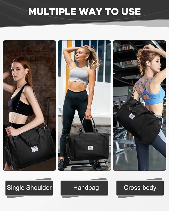 Gym Bag for Women Men Duffle Bags for Travel with Shoe Compartment Shoulder Weekender Overnight Carry on Tote Bags for Airplane Beach Bag Workout Yoga Sport Swimming Black