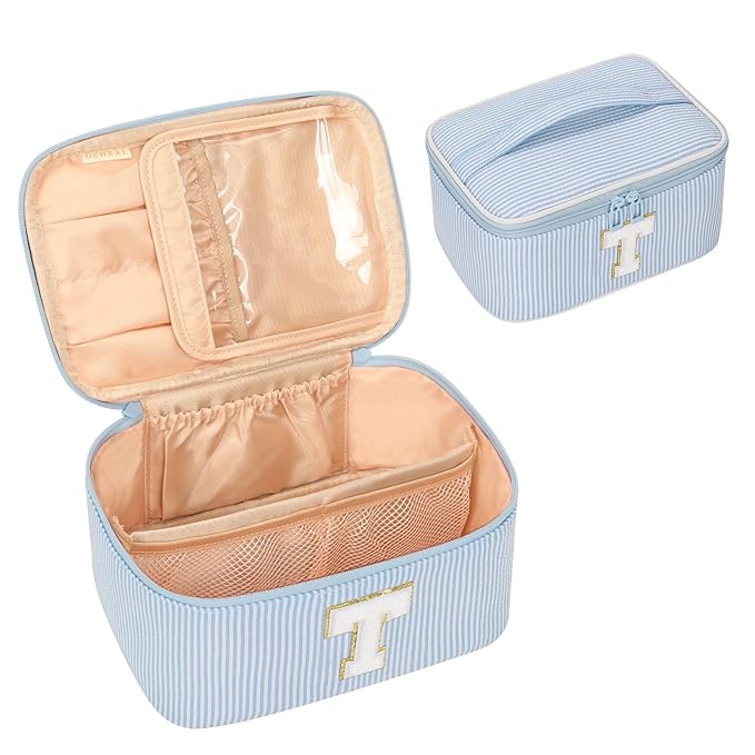 OCHEAL Makeup Bag Valentines Day Gifts for Women, Monogram Cosmetic Bag Blue Travel Makeup Case Beauty Toiletry Bag Organizer Personalized Gifts for Girls Bridesmaid, Sister, Wife, Friends Initial T