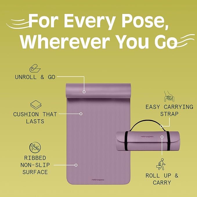 Retrospec Solana Yoga Mat Thick 1/2in Non-Slip Workout Mat with Nylon Strap - 72x24in Exercise Mat for Pilates, Stretching & Fitness - BPA Free, Easy Clean