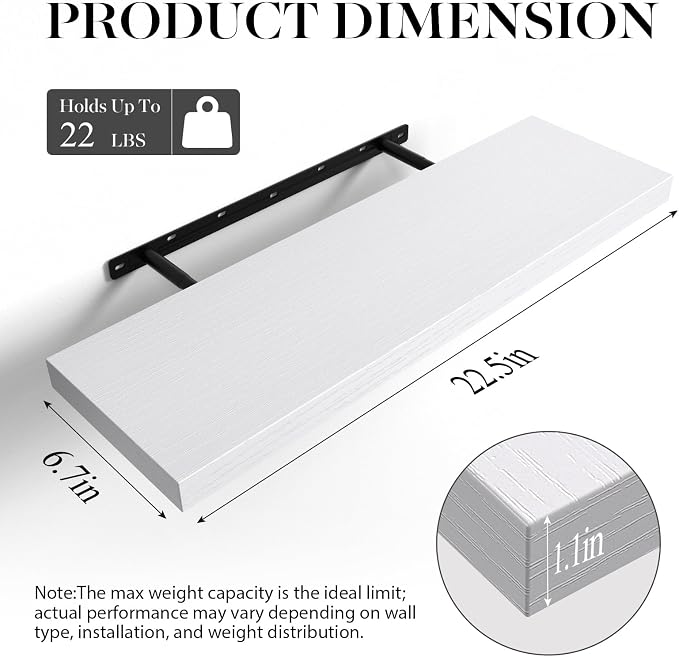 BAYKA White Floating Shelves 22.5in, Set of 2, Wall Mount Rustic Wood Shelf | Easy Install, 22lbs Max Load, Hidden Bracket, for Bathroom Bedroom Kitchen Office Storage Decor, Multi-Wall Compatible