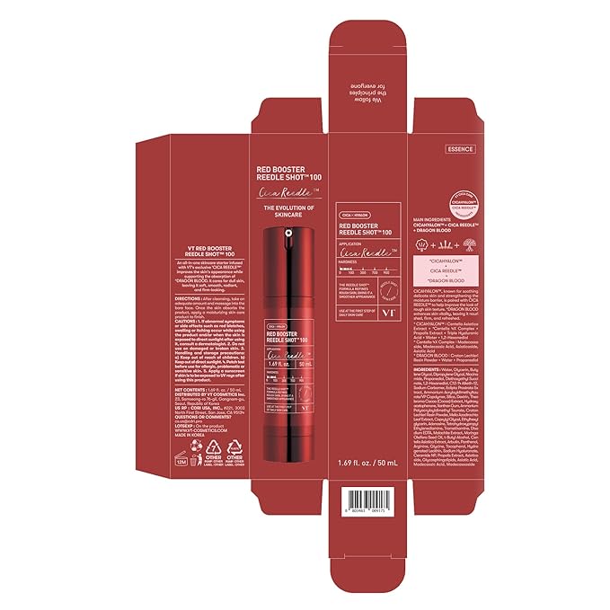 VT COSMETICS Red Booster Reedle Shot 100, Microneedling Serum with Dragon’s Blood, Exosome, Soothing Relief Serum for Irritated, and Sun-Stressed Skin, Scalp Care, Korean Skincare 1.69 fl oz (50ml)