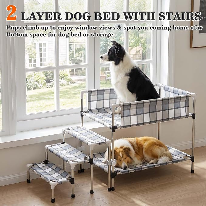 Bedside Dog Bunk Bed with Guardrail & Stairs, Elevated Double Pet beds | Window Perch Sleeper Raised Cosleeper 2 layers Double Stainless Steel Removable Small Medium Large Multiple