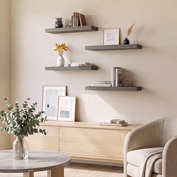 Fixwal Floating Shelves for Wall Decor (Grey, Set of 4, 15.7 Inch) | MDF Shelves with Metal Brackets, Space Saving for Books, Decor, Works in Bathroom, Kitchen, Living Room, Bedroom