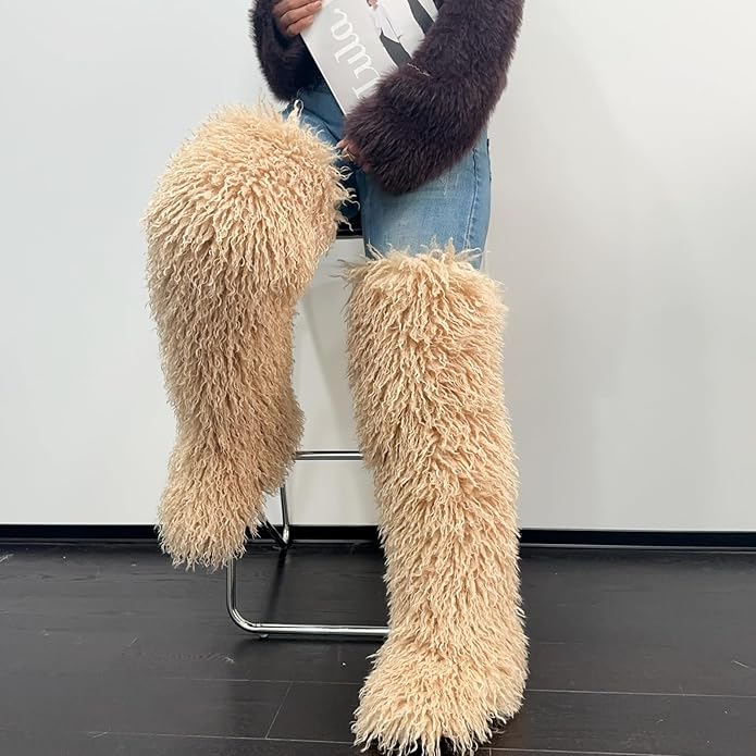 SWEETHEART BEAUTY Thigh High Shagy Teddy Fur Boots, 29 Inch Over the Knee Length Fluffy High Boots, Tall Furry Shoes For Women