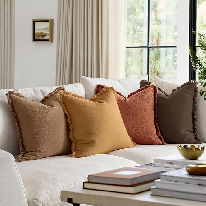 MIULEE Fall Linen Fringe Pillow Covers Set of 4 18x18 Orange/Yellow | Boho Farmhouse Decorative Throw Pillow Covers, Neutral Soft Rustic Cushion Cases, for Couch Sofa Bed Living Room Home Decor