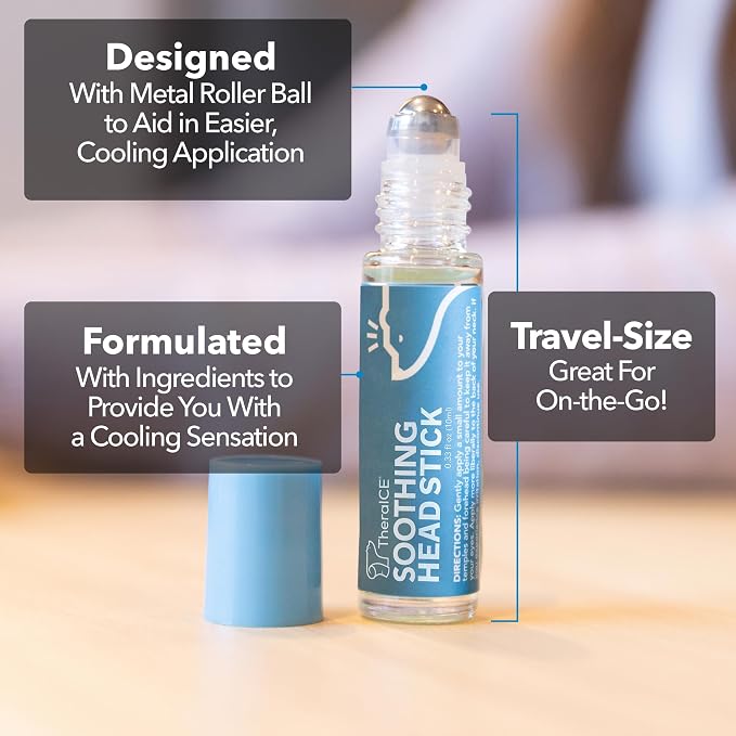 TheraICE Soothing Head Stick 10 ml (.33-Oz) Essential Oil Roll on Aromatherapy: Peppermint, Spearmint, Lavender, Chamomile, Rosemary, Eucalyptus. Metal Roller. USA Made