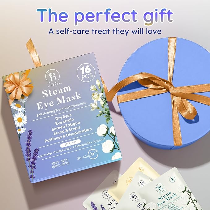 BLOOMORA 16 Pack Steam Eye Mask Variety Set Lavender Chamomile Jasmine and Unscented, Heated Eye Masks for Dry Eyes Puffiness and Relaxation, Self Heating Warm Compress for Sleep and Travel