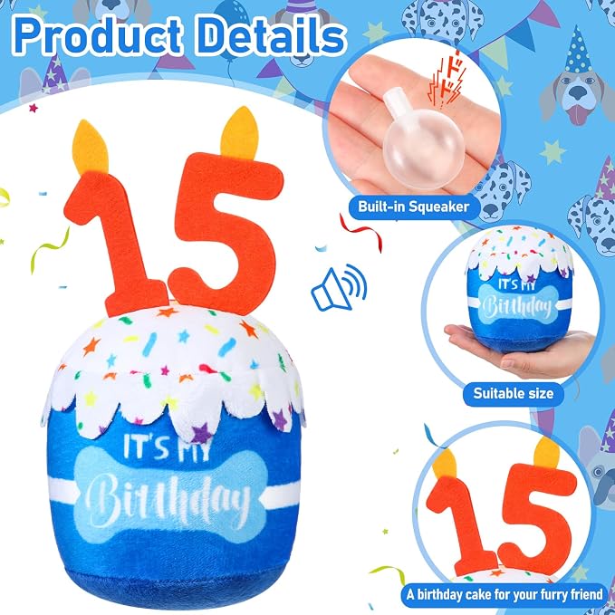 Dansydaisy Dog Birthday Cake Toy Squeaky Plush Gift,15th,Blue