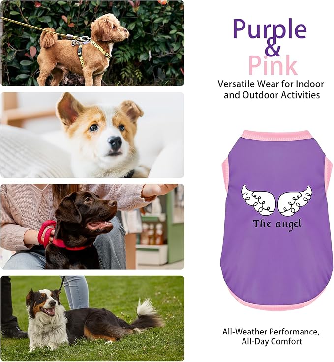 Color-Blocked Dog Tank Top with Playful Heat Transfer Designs – Lightweight Polyester Shirt for Small,MediumDogs, Perfect for Casual Outings.The Angel Purple M