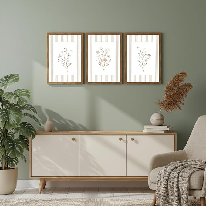 Neutral Wildflower Wall Art Set of 3, Vintage Flower Botanical Wall Decor Canvas Prints Pictures, Rustic Cottagecore Striped Floral Painting for Living Room Bedroom 16x24 Inch Wood Framed