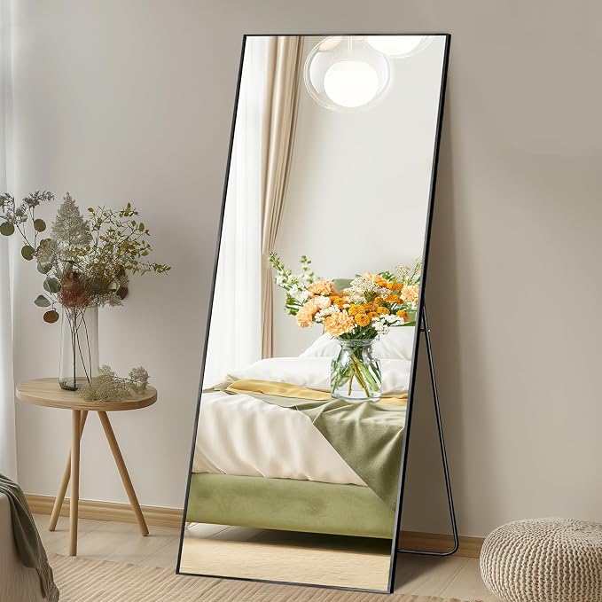 DUMOS 19"x58" Full Length Mirror with Stand, Full Body Floor Mirror | Free Standing or Wall Mount, Nano Glass Aluminum Frame, Hanging or Leaning, Modern Simple Home Decor, Black