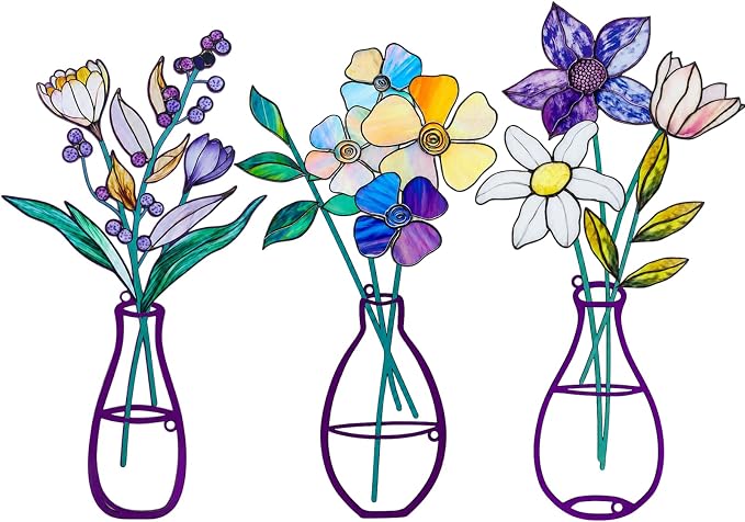 3 Pcs Metal Flowers Wall Arts,Metal Vase Wall Art,Iron Art Painting,Rustic Farmhouse Decor Minimalist Flower Wall Decor for Bedroom Bathroom Living Room Dining Room (Set F)