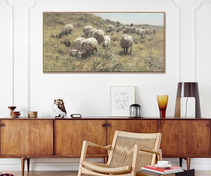 Farmhouse Framed Wall Art, Vintage Sheep on the Dunes Picture, 20x40 Inch | Classic Shepherd & Flock Canvas Painting, Large Country Animal Landscape Print, Rustic Artwork for Living Room Bedroom Decor