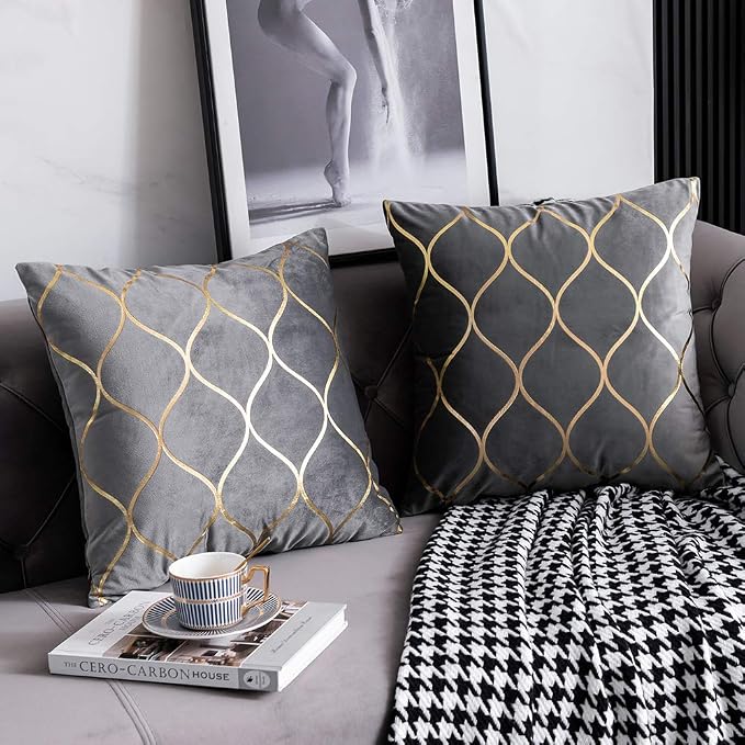 Gold Velvet Throw Pillow Covers: 2 Pack 24x24 Inch Square Decorative Pillow Cases for Bedroom Sofa Couch Living Room, Light Grey