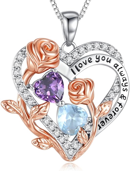 I Love You Birthstone Necklace, 925 Sterling Silver Heart Pendant with CZ Diamond Stones, Birthday Gifts for Women, Romantic Gift for Wife, Girlfriend, Her, Anniversary, Valentine's Day, Christmas