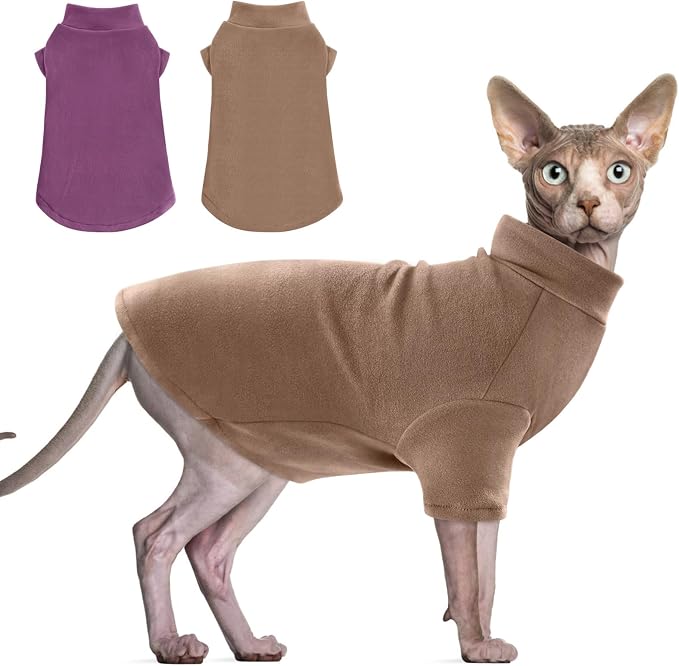 Idepet Sphynx Cats Sweater 2 Pack,Turtleneck Hairless Cat Shirt Soft and Warm Kitten Clothes with Sleeves Pullover Pet Winter Pajamas Jumpsuit for Cat Puppy (Purple&Brown, XX-Large)