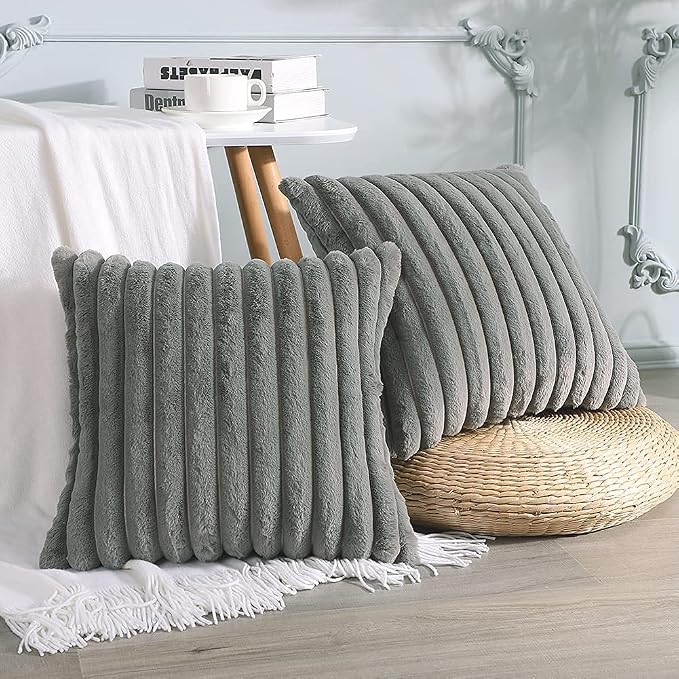 Soleebee Set of 2 Throw Pillow Covers Soft Cozy Velvet Pillowcase Faux Rabbit Fur Cover for Couch Sofa Bed Chair Home Decorative Pillows Cover (18x18 Inch, Grey)
