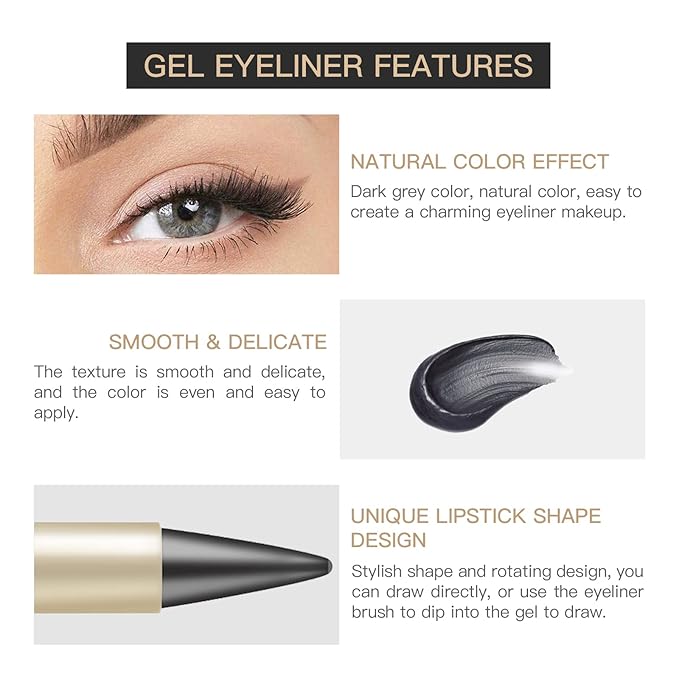 2 Pcs Gray-black Gel Cream Eyeliner Set, Tool Smudge Proof and Waterproof Matte Quick Dry Gray-black Eye-liner Pencil Tattoo Eyeliner Pen Stick Makeup for Women