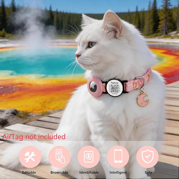 2 Pack Airtag Cat Collar, Breakaway Cat Airtag with Smart ID tag & QR Code Reflective (Star Moon & Paw Pattern - Pink, with Integrated AirTag Holder)