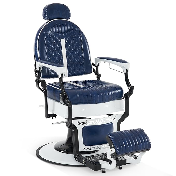 BarberPub Heavy Duty Metal Vintage Barber Chair All Purpose Professional Hydraulic Reclining Salon Beauty Spa Chair Styling Equipment 8730 (Blue)