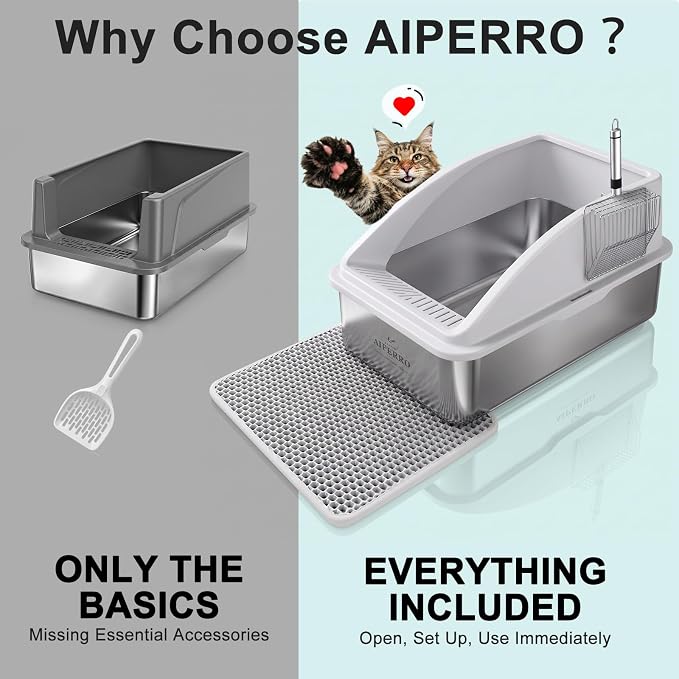 AIPERRO Stainless Steel Litter Box | XL Enclosed Cat Litter Boxes with Lid | High Sided Meat Litter Box for Big Cats | Anti-Urine Leakage | Non-Stick & Easy to Clean | Includes Litter Mat & Metal Scoop