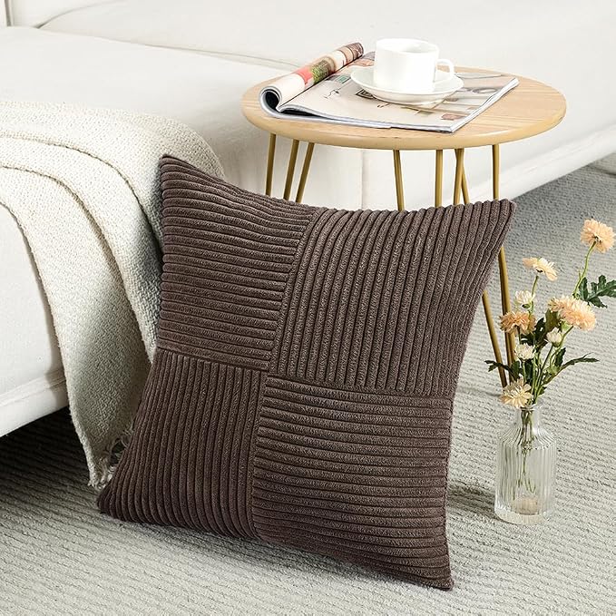 Fancy Homi Dark Brown Decorative Throw Pillow Covers 18x18 Inch for Living Room Couch Bed Sofa, Rustic Farmhouse Boho Home Decor, Soft Corss Corduroy Patchwork Textured Cushion Case 45x45 cm